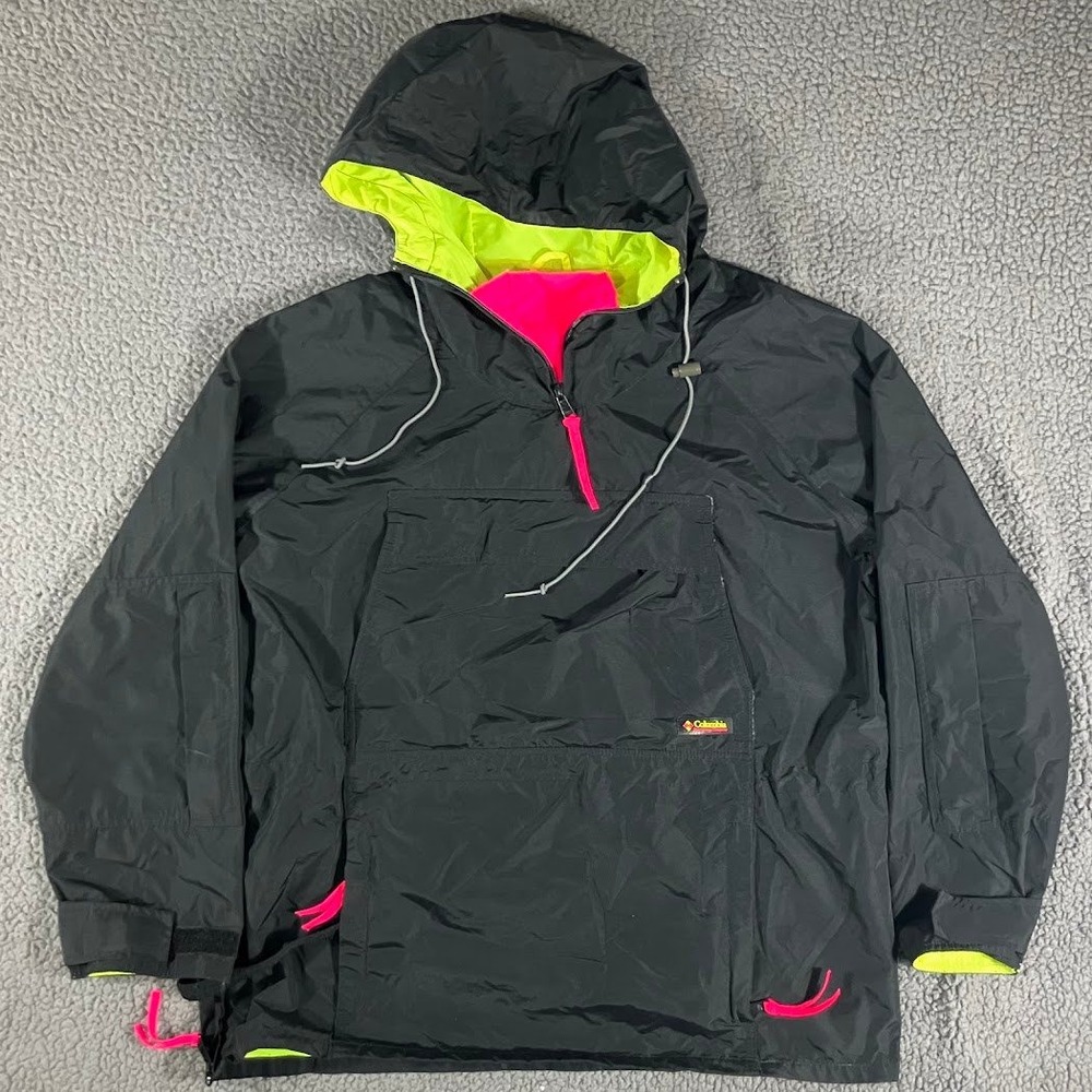 Vintage Columbia Sportswear Neon Anorak Windbreaker Jacket Black Lime Pink L 90s